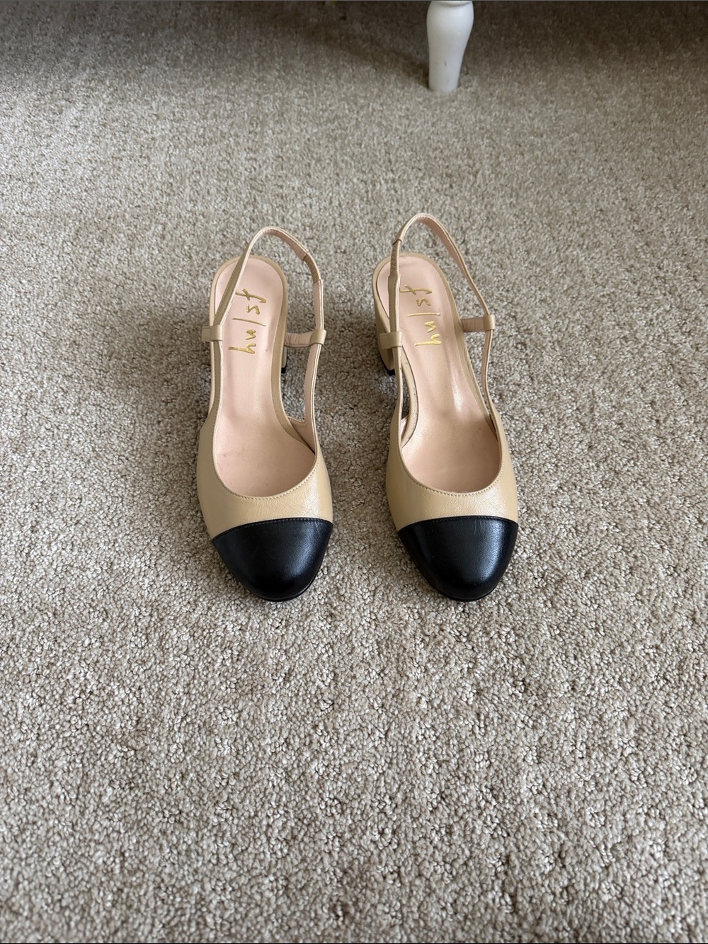 Beige and Black Cap-Toe Slingback Heels